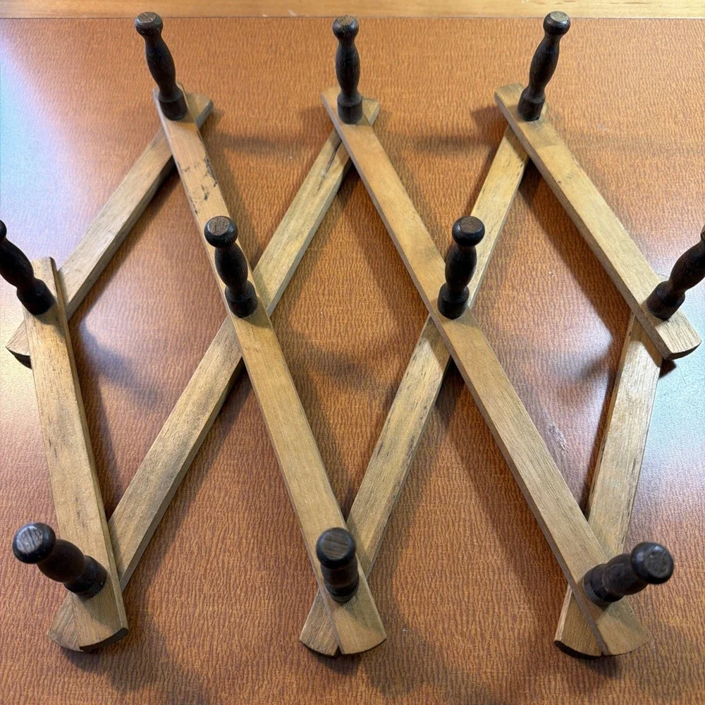 Vintage Accordion Wood Peg Rack 10 Pegs Wall Storage Organizer Coats Mugs 13